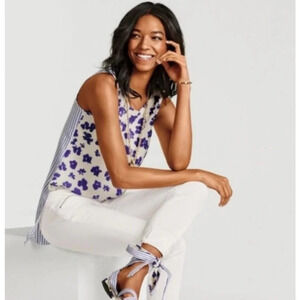 CABI Women's Hi Low Hem Neckline Purple Watercolor Floral Blue Stripe Top Sz XS
